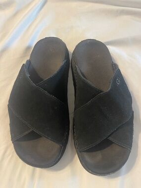 UGG Black Suede Crisscross Slide Sandals